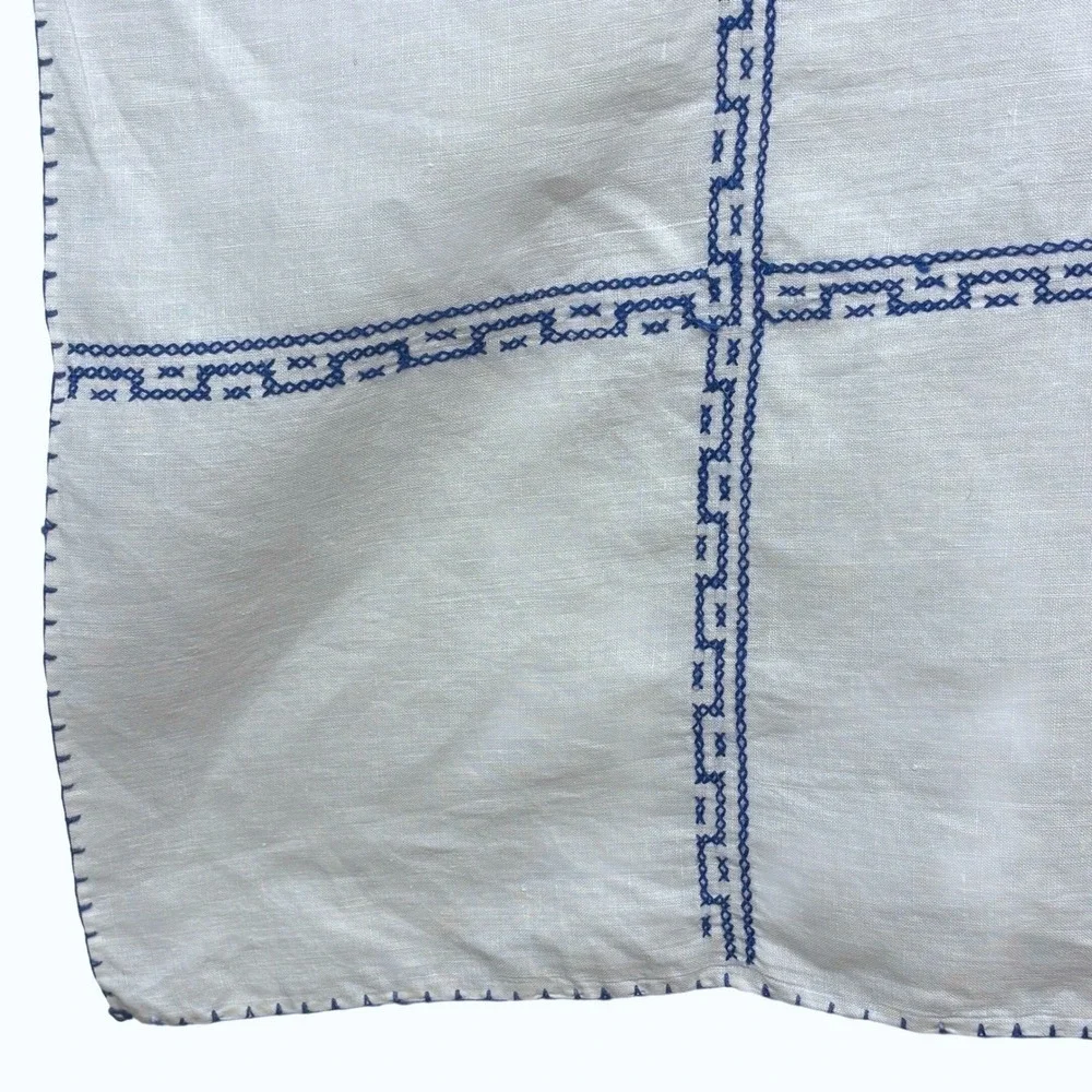 VTG Square Linen Tablecloth 48x48 Cross Stitch Embroidered White Pagoda Asian